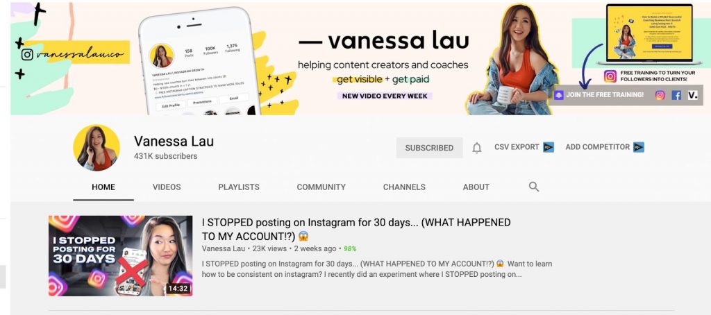 Screenshot of Vanessa's YouTube channel example 1