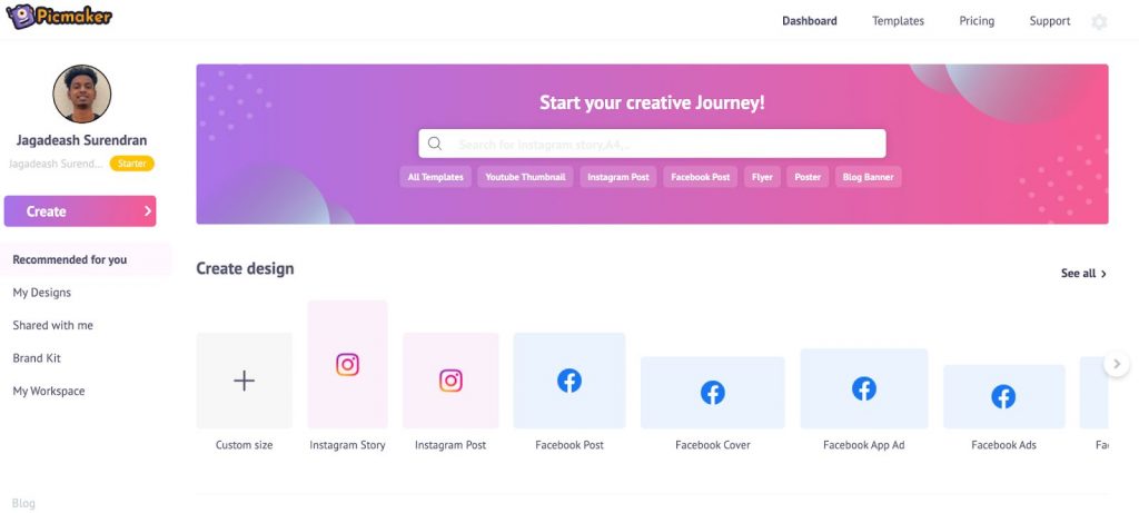 A screenshot of Picmaker's dashboard