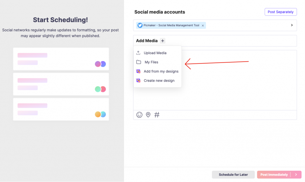 Options to upload media to Picmaker