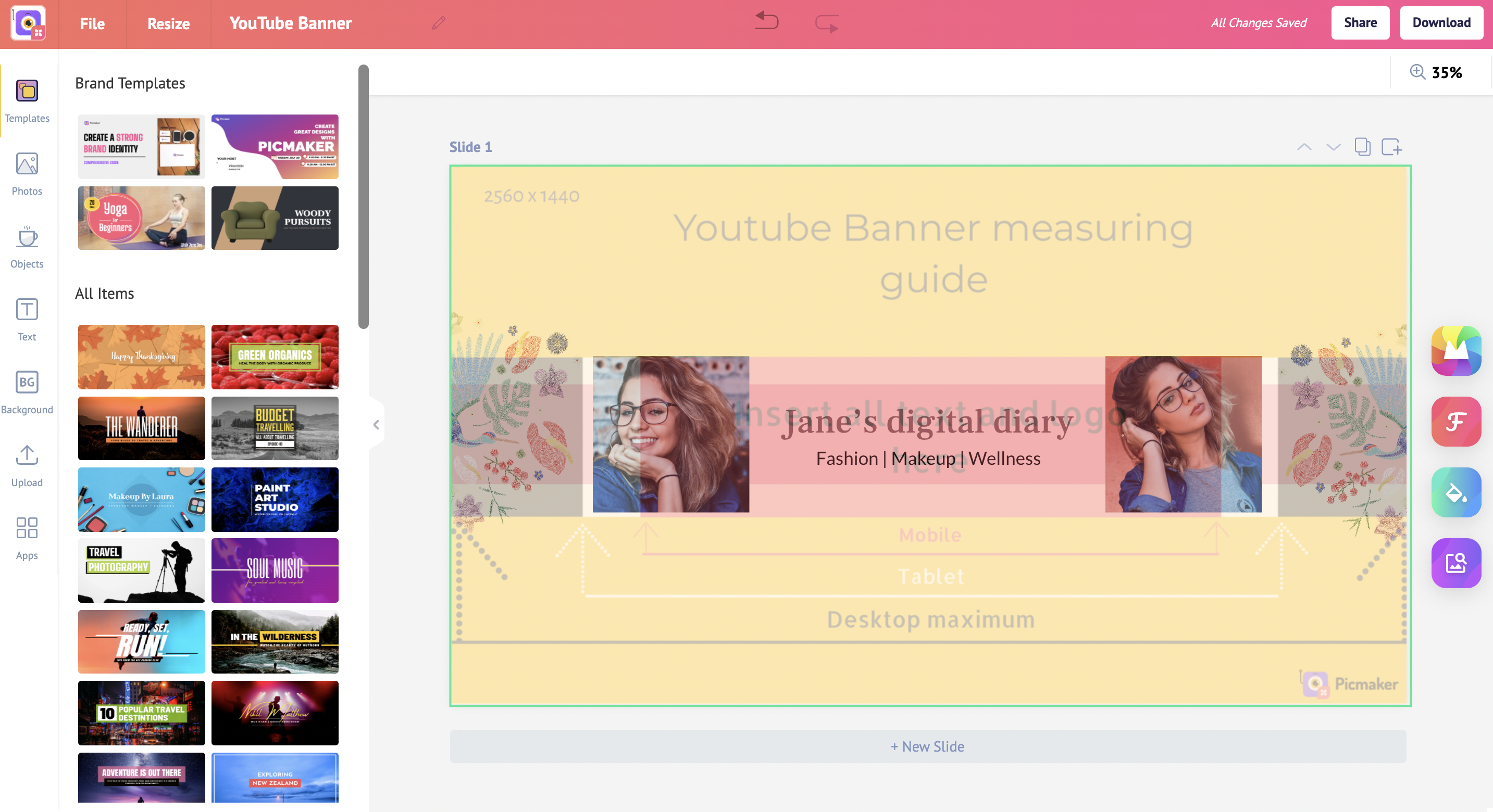 Customise the template using the YouTube measuring guide